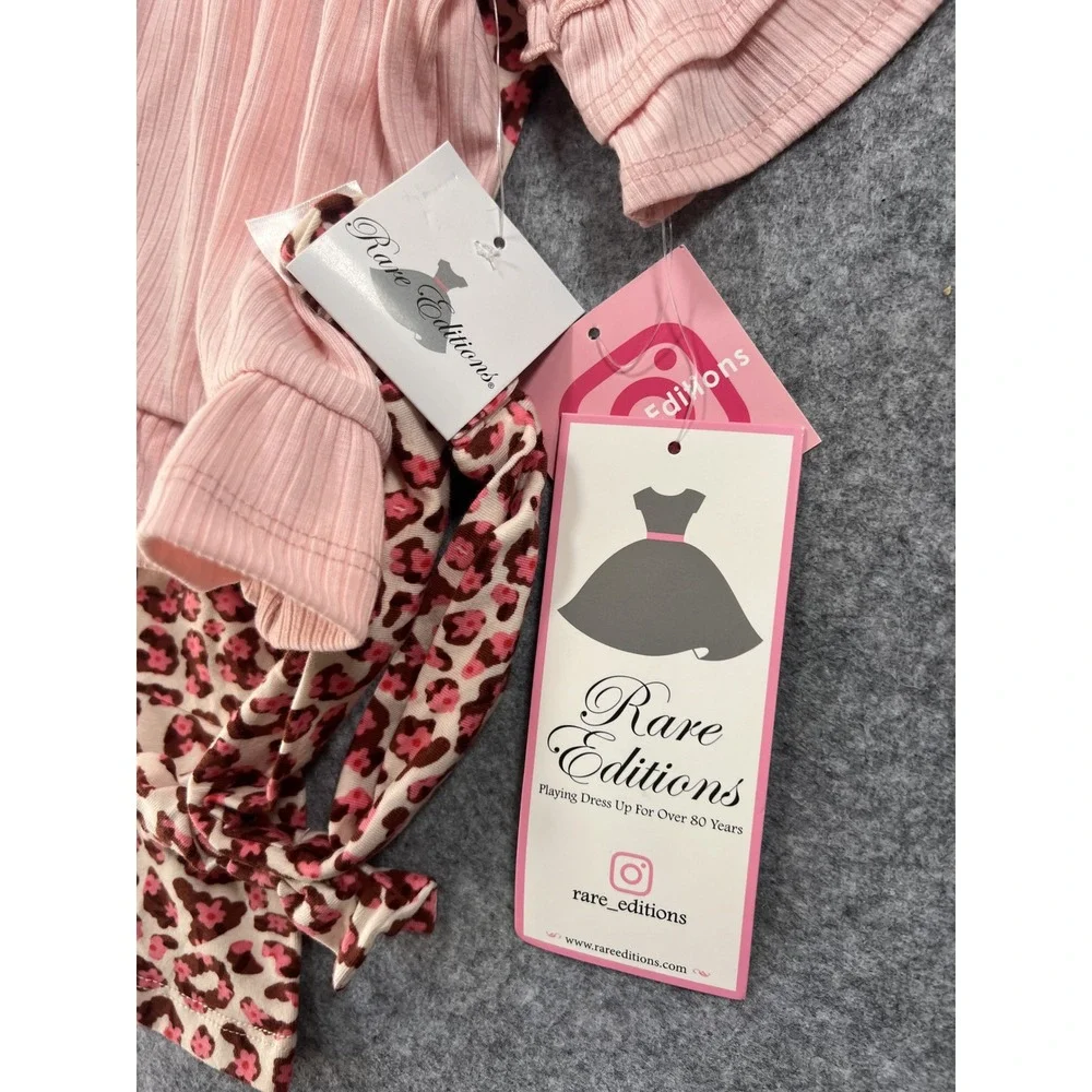 Rare Editions Ribbed‎ Peplum Top and Leopard Flare Pants Set 6-9M Pink Ruffle
